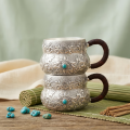 wholesale Pure 999 Antique  Cups with Intricate Floral Embossing and Turquoise Accents - Handicraft-0-2