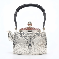 wholesale Pure 999 Fine Silver Antique  Teapot with Intricate Dragon Motif and Red Enamel Lid-Fine large teapot - Handicraft-undefined