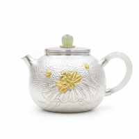 wholesale Pure 999 Fine Silver Artisanal Silver Teapot with Gilded Lotus Relief and Fine Jade Accents - Handicraft-undefined