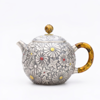 wholesale 999 Pure Silver Teapot Embossed Floral Daisy Pattern Gold Gilded Handle Teaware-undefined