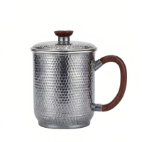 wholesale Pure 999 Fine Silver Hammered Sterling Silver Mug with Solid Wood Handle and Matching Lid - Handicraft-undefined