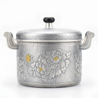 wholesale Pure 999 Fine Silver Exquisite Silver Toned Peony Embossed Pot with Intricate Floral Relief and Decorative Handles - Handicraft-undefined