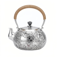 wholesale 999 Pure Silver Dragon Embossed Teapot With Rattan Wrapped Handle-undefined