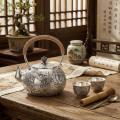 wholesale 999 Pure Silver Dragon Embossed Teapot With Rattan Wrapped Handle-0-2