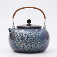 wholesale Pure 999 Fine Silver Elegant Blue Floral Teapot with Wooden Handle-Fine large teapot - Handicraft-undefined