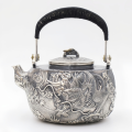 wholesale Pure 999 Fine Silver **Title:** Antique  Dragon Teapot with Intricate Carvings and Black Ribbed Handle-Fine large teapot - Handicraft-0-0
