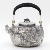 wholesale Pure 999 Fine Silver **Title:** Antique  Dragon Teapot with Intricate Carvings and Black Ribbed Handle-Fine large teapot - Handicraft-undefined