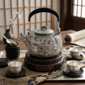 wholesale Pure 999 Fine Silver **Title:** Antique  Dragon Teapot with Intricate Carvings and Black Ribbed Handle-Fine large teapot - Handicraft-0-1