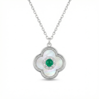 wholesale 925 Sterling Silver Elegant Mother-of-Pearl Quatrefoil Necklaces Wholesale with Emerald and Zircon Accents - JewelryODM-undefined