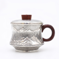 wholesale Pure 999 Fine Silver Elegant  Tea Cup with Engraved Mountain Landscape and Wooden Accents-Premium Tea Mug - Handicraft-0-0