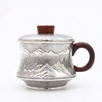 wholesale Pure 999 Fine Silver Elegant  Tea Cup with Engraved Mountain Landscape and Wooden Accents-Premium Tea Mug - Handicraft-undefined