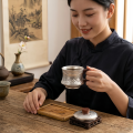 wholesale Pure 999 Fine Silver Elegant  Tea Cup with Engraved Mountain Landscape and Wooden Accents-Premium Tea Mug - Handicraft-0-2