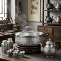 wholesale Pure 999 Fine Silver Elegant Stainless Steel Floral Engraved Pot with Glass Lid-Premium Hot Pot - Handicraft-0-2