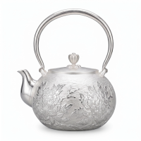 wholesale Pure 999 Exquisite Handcrafted Sterling Silver Teapot Featuring Intricate Floral Artistry and Arched Handle - Handicraft-undefined