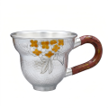 wholesale Pure 999 Fine Silver Handcrafted Hammered Silver Tea Cup with Floral Engraving and Wooden Handle - Handicraft-0-0