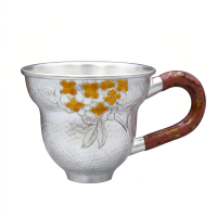 wholesale Pure 999 Fine Silver Handcrafted Hammered Silver Tea Cup with Floral Engraving and Wooden Handle - Handicraft-undefined