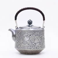 wholesale Pure 999 Fine Silver Elegant  Peony Teapot with Wooden Handle-Fine Teapot with Handle - Handicraft-undefined