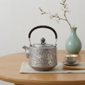 wholesale Pure 999 Fine Silver Elegant  Peony Teapot with Wooden Handle-Fine Teapot with Handle - Handicraft-0-2