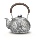 wholesale Pure 999 Exquisite Peony Blossom Silver Teapot with Artisan Textured Finish and Traditional Woven Grip - Handicraft-0-0
