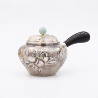wholesale Pure 999 Elegant  Teapot with Jade Knob and Floral Engraving-Fine side-handled teapot - Handicraft-undefined