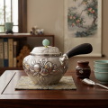wholesale Pure 999 Elegant  Teapot with Jade Knob and Floral Engraving-Fine side-handled teapot - Handicraft-0-2