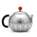 wholesale Pure 999 Fine Silver Elegant Handcrafted Silver Teapot with Intricate Floral Engravings and Vibrant Red Finial - Handicraft-0-0