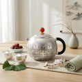 wholesale Pure 999 Fine Silver Elegant Handcrafted Silver Teapot with Intricate Floral Engravings and Vibrant Red Finial - Handicraft-0-2