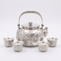 wholesale Pure 999 Silver Dragon Embossed Tea Set with Four Cups and Wooden Tray - Handicraft-0-0