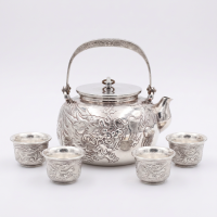 wholesale Pure 999 Silver Dragon Embossed Tea Set with Four Cups and Wooden Tray - Handicraft-undefined