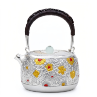 wholesale Pure 999 Fine Silver Ornate Handcrafted Silver Teapot Featuring Intricate Floral Relief and Woven Handle - Handicraft-undefined