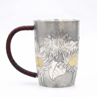 wholesale Pure 999 Fine Silver Elegant  Sunflower Mug With Wooden Handle-premium Master Cup - Handicraft-undefined