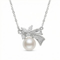 wholesale 925 Sterling Silver Elegant Pearl Pendant Necklaces Wholesale with Sparkling Zircon Bow Design - JewelryODM-0-0