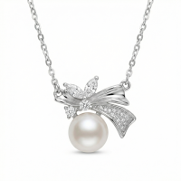 wholesale 925 Sterling Silver Elegant Pearl Pendant Necklaces Wholesale with Sparkling Zircon Bow Design - JewelryODM-undefined