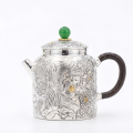 wholesale 999 Pure Silver Teapot Embossed Floral Gold Plated Jade Knob Wooden Handle-0-0