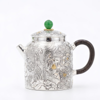 wholesale 999 Pure Silver Teapot Embossed Floral Gold Plated Jade Knob Wooden Handle-undefined