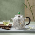 wholesale 999 Pure Silver Teapot Embossed Floral Gold Plated Jade Knob Wooden Handle-0-2