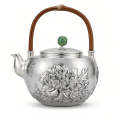 wholesale 999 Pure Silver Teapot Embossed Peony Flower Bamboo Handle Green Jade Lid Knob-0-0