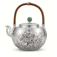 wholesale Pure 999 Fine Silver Handcrafted Silver Teapot With Embossed Peony Pattern And Bamboo Handle Featuring A Jadeite Finial - Handicraft-undefined