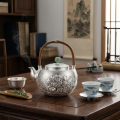 wholesale 999 Pure Silver Teapot Embossed Peony Flower Bamboo Handle Green Jade Lid Knob-0-1