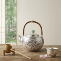 wholesale 999 Pure Silver Teapot Embossed Peony Flower Bamboo Handle Green Jade Lid Knob-0-3
