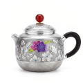wholesale Pure 999 Fine Silver Exquisite Handcrafted Silver Teapot with Colorful Enamel Floral Details and Red Gemstone Finial - Handicraft-0-0