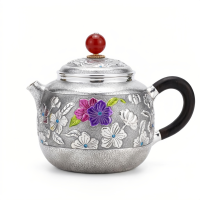 wholesale Pure 999 Fine Silver Exquisite Handcrafted Silver Teapot with Colorful Enamel Floral Details and Red Gemstone Finial - Handicraft-undefined
