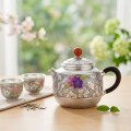 wholesale Pure 999 Fine Silver Exquisite Handcrafted Silver Teapot with Colorful Enamel Floral Details and Red Gemstone Finial - Handicraft-0-2