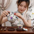 wholesale Pure 999 Fine Silver Exquisite Handcrafted Silver Teapot with Colorful Enamel Floral Details and Red Gemstone Finial - Handicraft-0-1