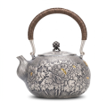 wholesale Pure 999 Handcrafted Silver Teapot with Intricate Floral Relief and Woven Handle - Handicraft-0-0