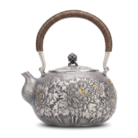 wholesale Pure 999 Handcrafted Silver Teapot with Intricate Floral Relief and Woven Handle - Handicraft-undefined