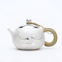 wholesale Pure 999 Fine Silver Elegant Silver Teapot Featuring Embossed Koi Fish and Lotus Design with Woven Handle - Handicraft-undefined