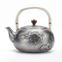 wholesale Pure 999 Fine Silver Exquisite Hand-Engraved Silver Teapot with Traditional Dragon Motif and Elegant Wood Handle - Handicraft-undefined