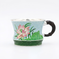 wholesale Pure 999 Fine Silver Elegant Cloisonné Enamel Lotus Flower Silver Cup with Handcrafted Bamboo Style Handle - Handicraft-undefined