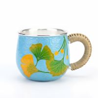 wholesale Pure 999 Fine Silver Blue Enamel Mug Featuring Ginkgo Leaf Pattern and Natural Woven Rattan Handle - Handicraft-undefined